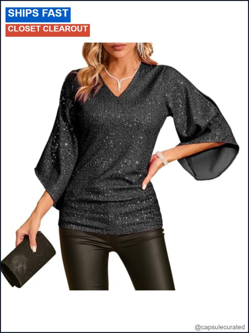 Women's Sequin Blouse V-Neck 3/4 Sleeve Sparkly Party Top